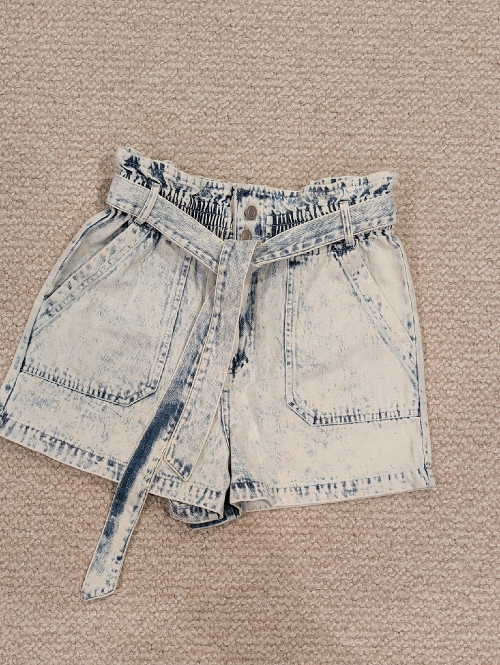 Skies Are Blue Light Blue Acid Wash Paperbag Denim Shorts with Belt